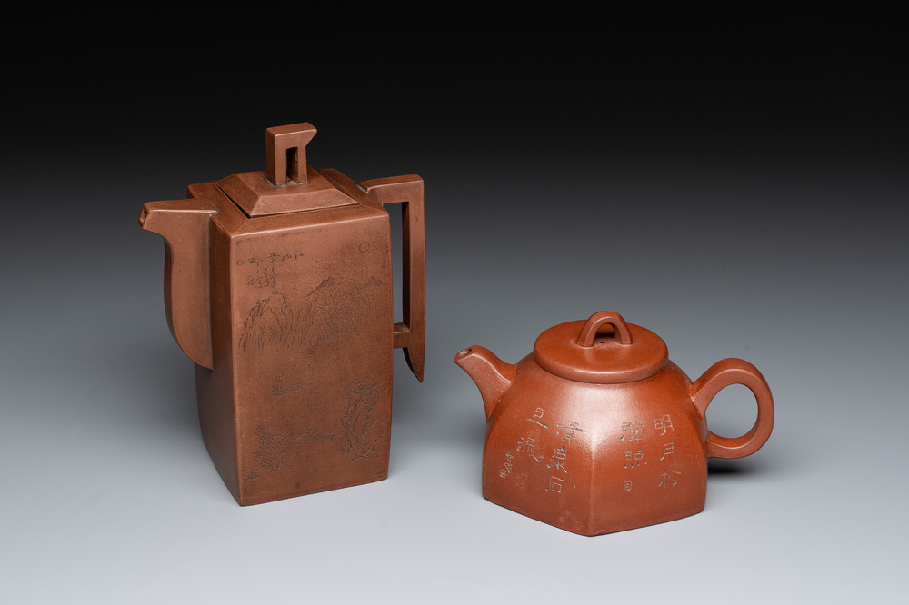 Two Chinese Yixing stoneware teapots with inscriptions, Chen Mingyuan 陳鳴遠 mark, 19th C.