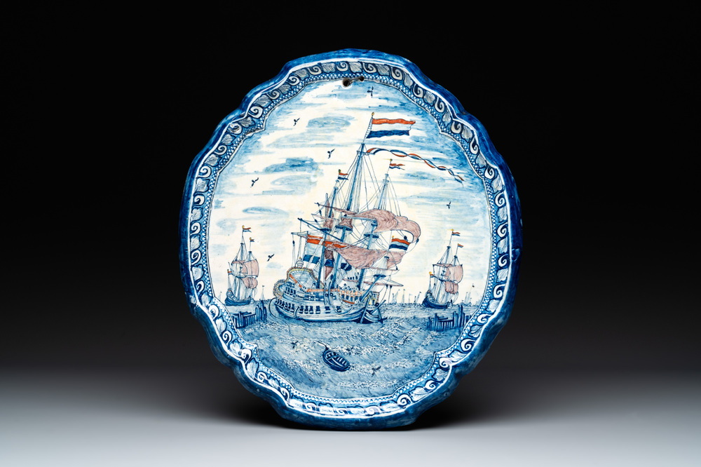 A fine polychrome Dutch Delft 'ship' plaque, 18th C.
