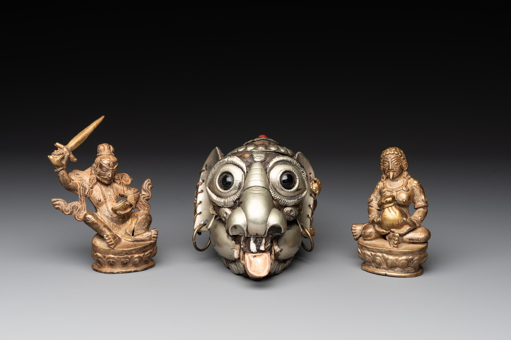 A Tibetan kapala and two Sino-Tibetan bronze figures, 19/20th C.