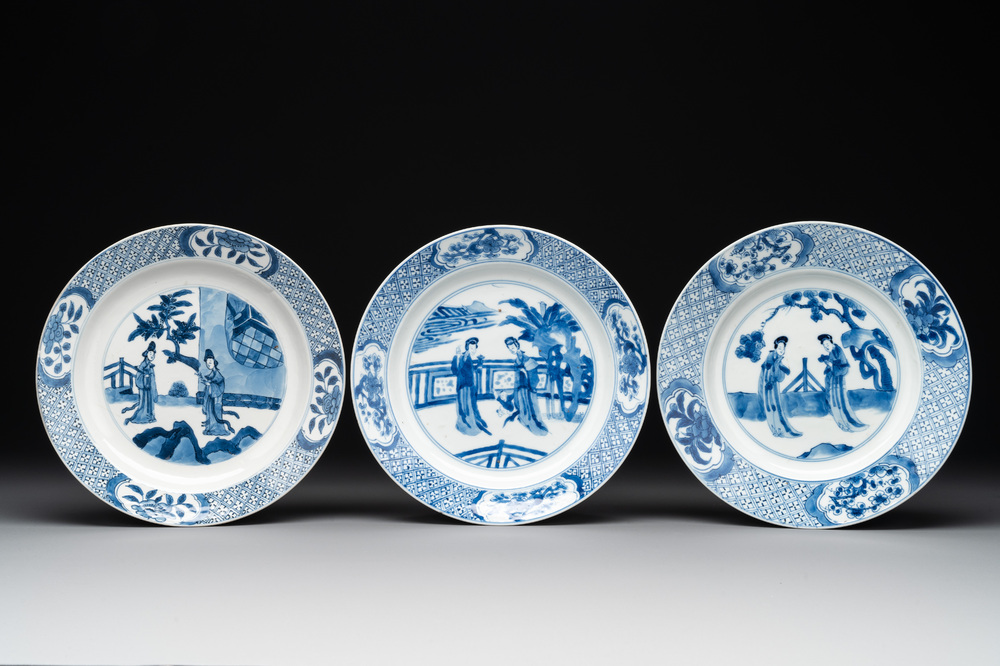 Three Chinese blue and white 'Long Eliza' plates, various marks, Kangxi