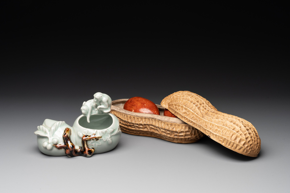 A Chinese celadon-glazed brush washer and a peanut nesting box, 20th C.