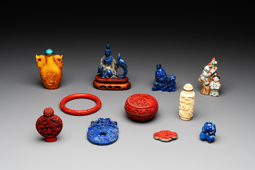 11 Chinese lacquer, carved stone and porcelain wares,  20th C.