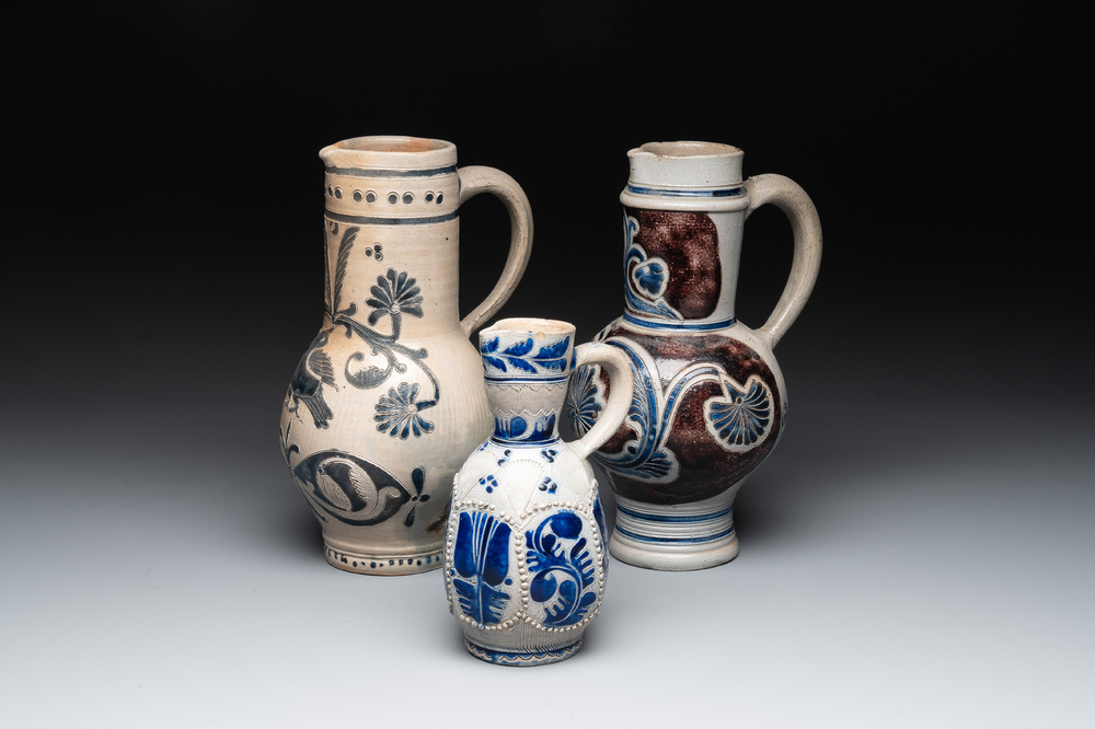 Three Westerwald stoneware jugs, 18th C.
