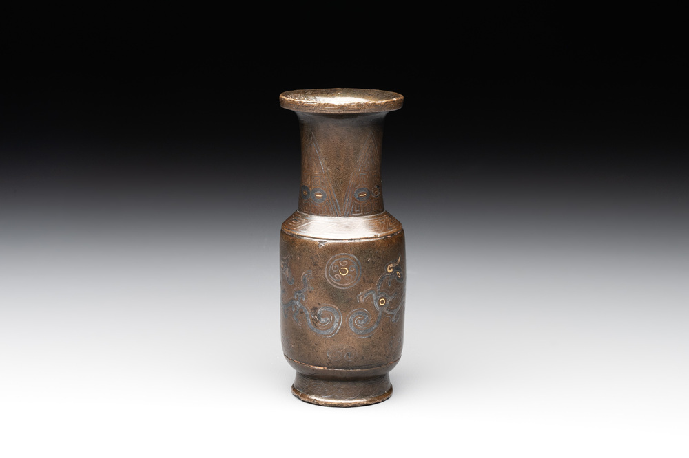 A small Chinese gold- and silver-inlaid bronze 'chilong' vase, late Ming