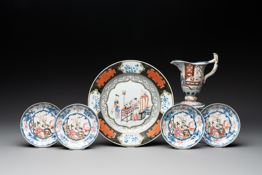 Six Chinese famille rose 'mandarin subject' wares, Qianlong