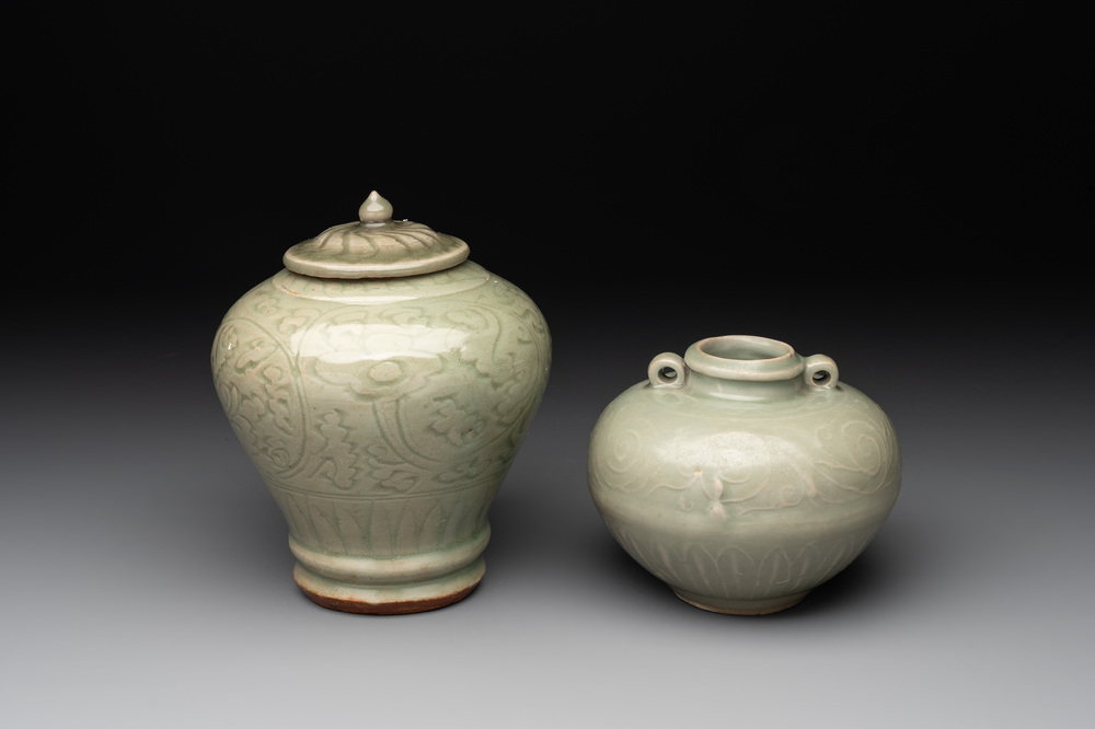 Two Chinese Longquan celadon jars with floral design, Ming