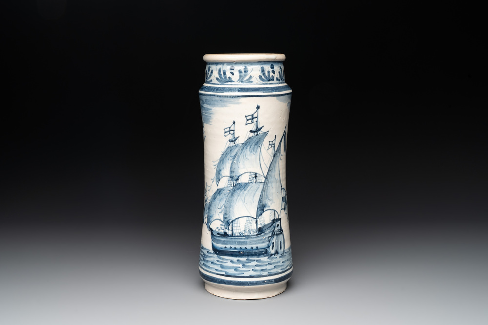 A large Catalonian blue and white albarello with a merchant vessel, Spain, 18th C.