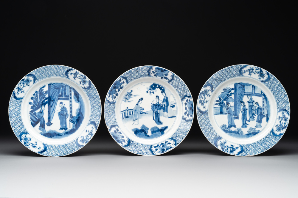 Three Chinese blue and white plates with figural design, Jiajing and Chenghua marks, Kangxi