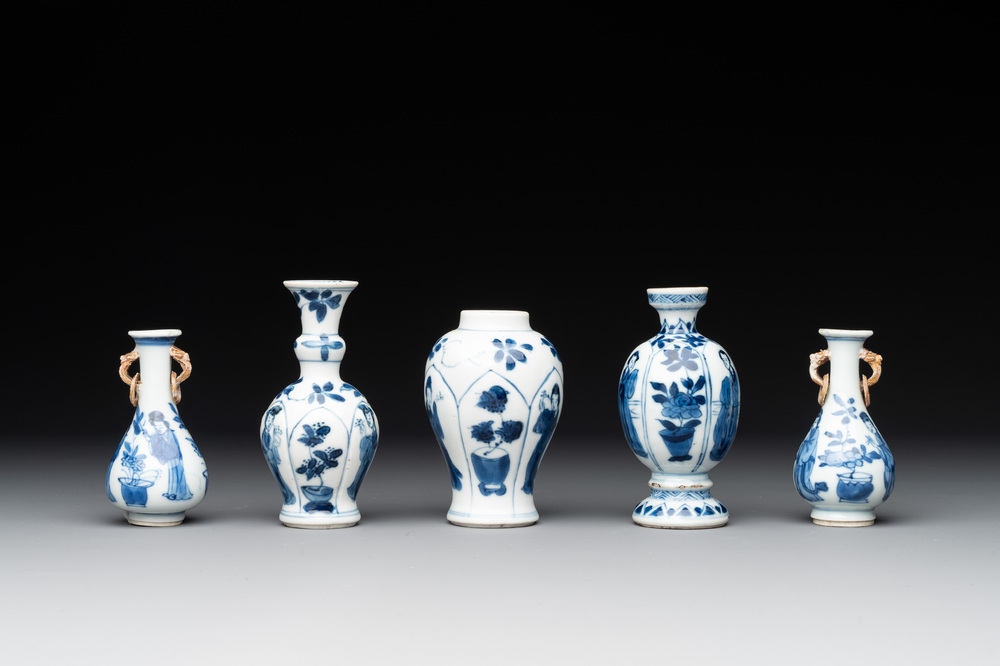 Five Chinese blue and white 'Long Eliza' miniature vases, Kangxi