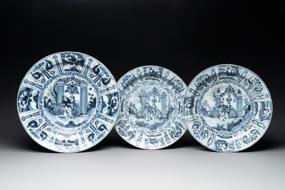Three blue and white Dutch Delft chinoiserie dishes, late 17th C.