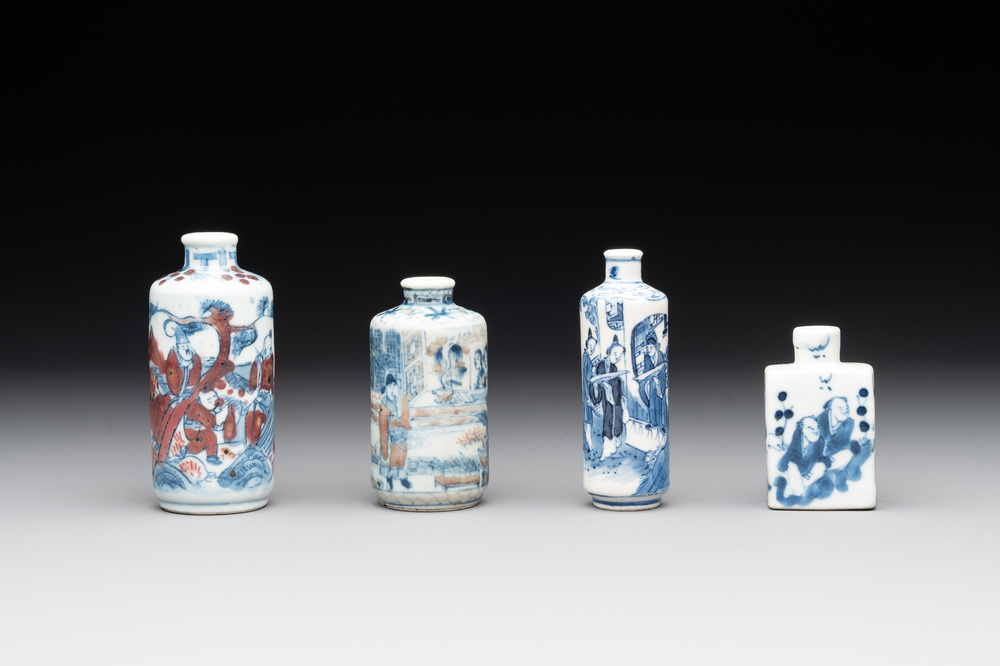 Four Chinese blue, white and copper-red snuff bottles with figural design, Yongzheng mark, 19th C.