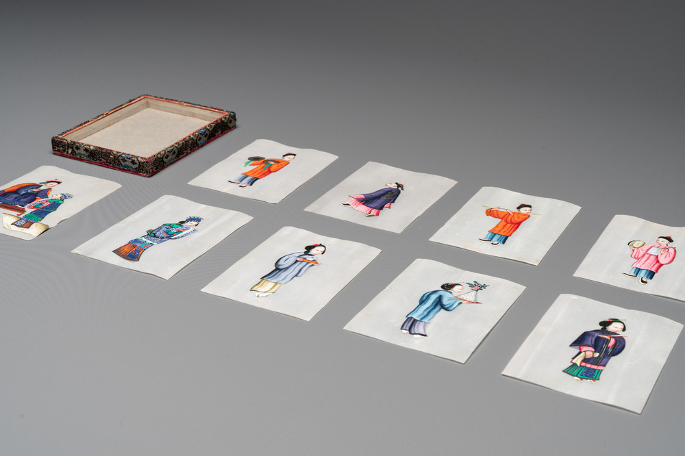 A set of nine Chinese Canton pith paper paintings in original box, Yong Tai Xuan 永泰軒造 mark, 19th C.