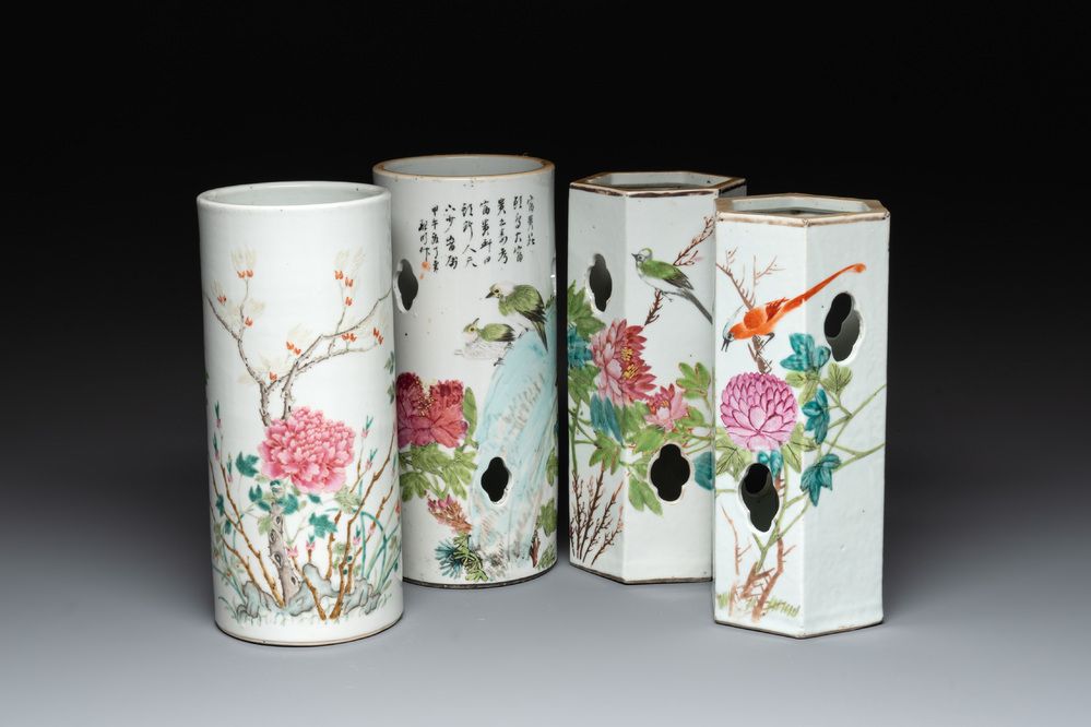 Four Chinese famille rose 'birds and flowers' hat stands, signed Jiang Xiangzong 江湘宗 and Xing Ming 邢明, Tongzhi mark, 19th C.
