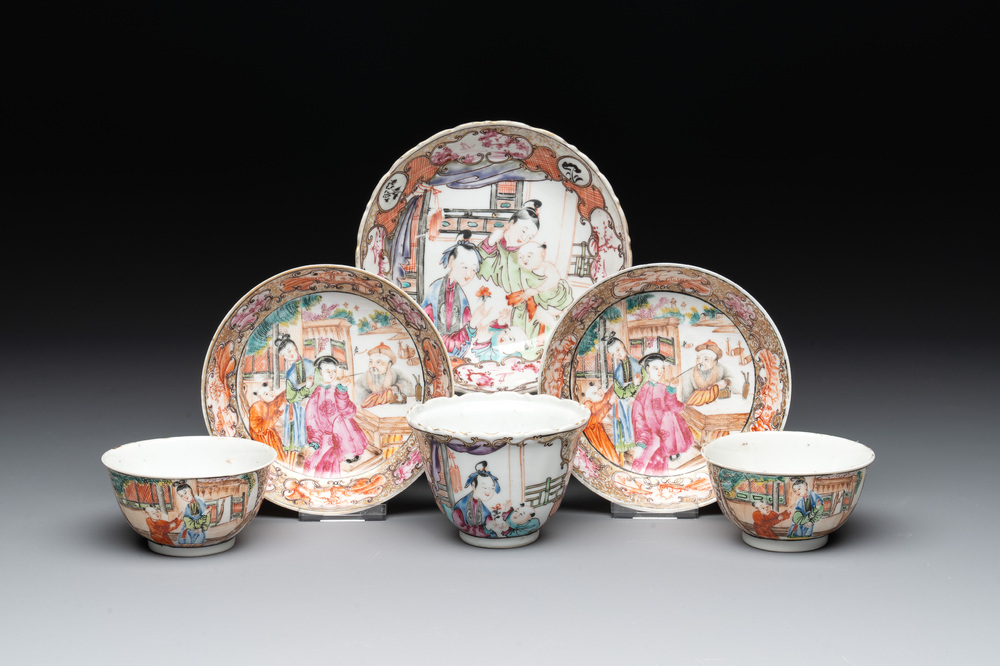 Three fine Chinese Canton famille rose 'mandarin subject' cups and saucers, Qianlong