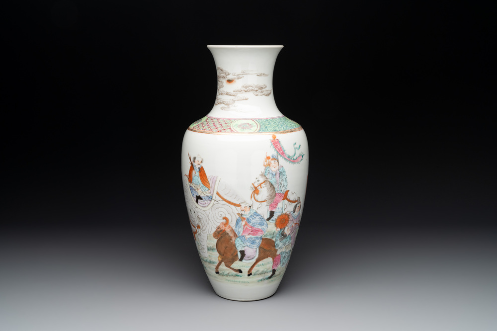 A Chinese famille rose vase with figural design, Qianlong mark, 19th C