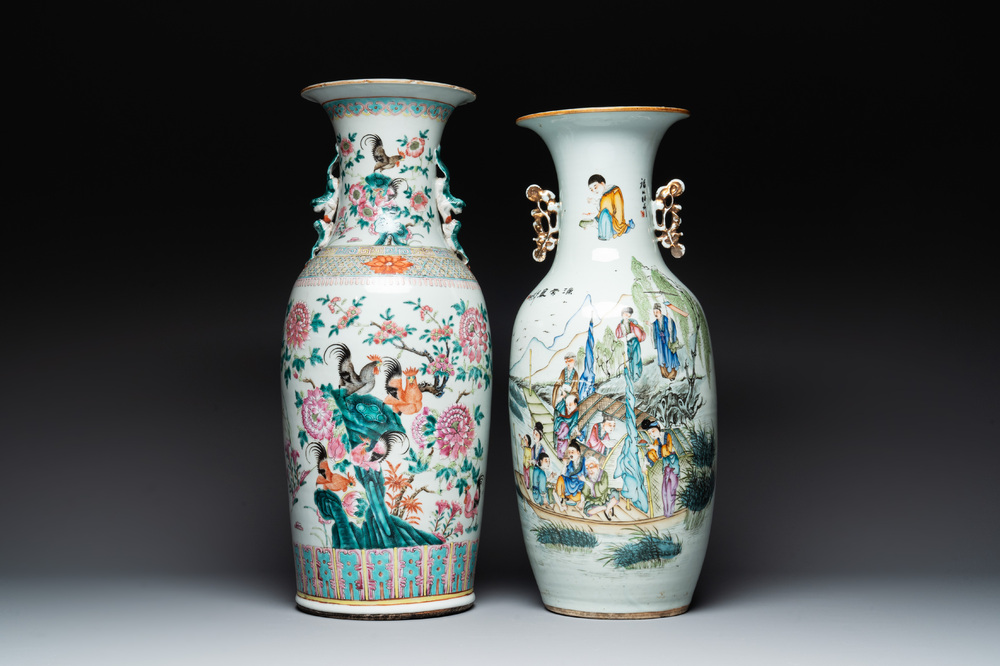 Two Chinese famille rose vases, one vase signed Yu Zhao 余钊, 19/20th C.