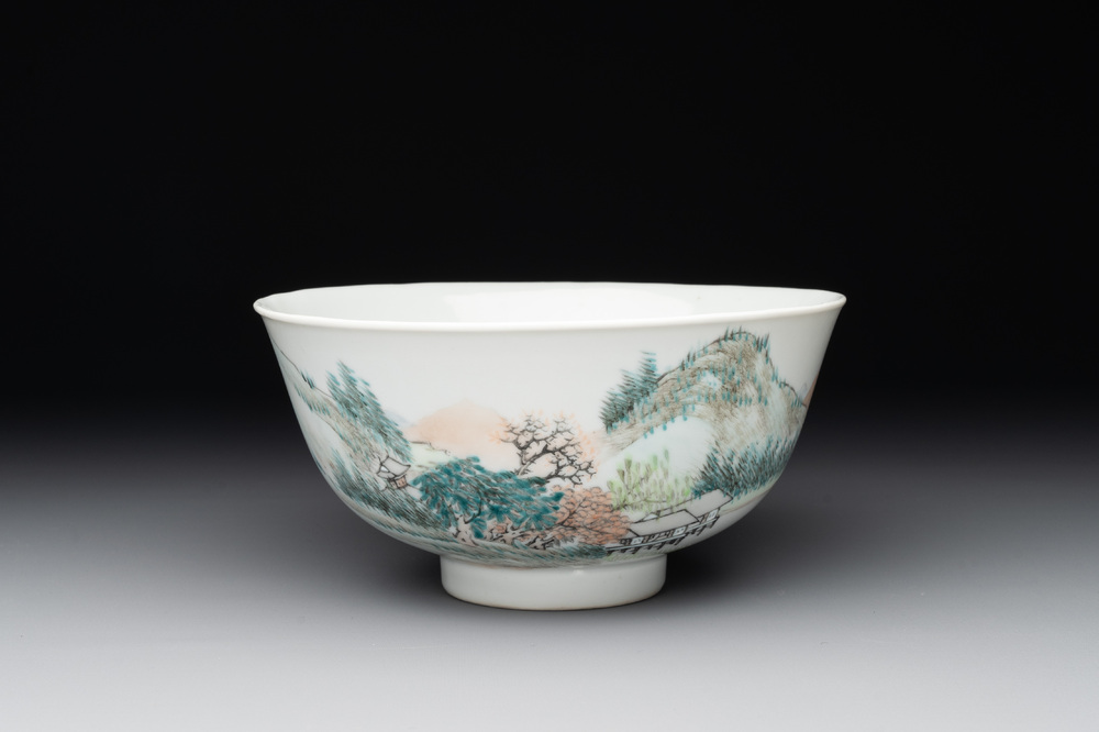 A fine Chinese qianjiang cai 'mountainous river landscape' bowl, signed Cheng Men 程門, Guangxu mark, dated 1887