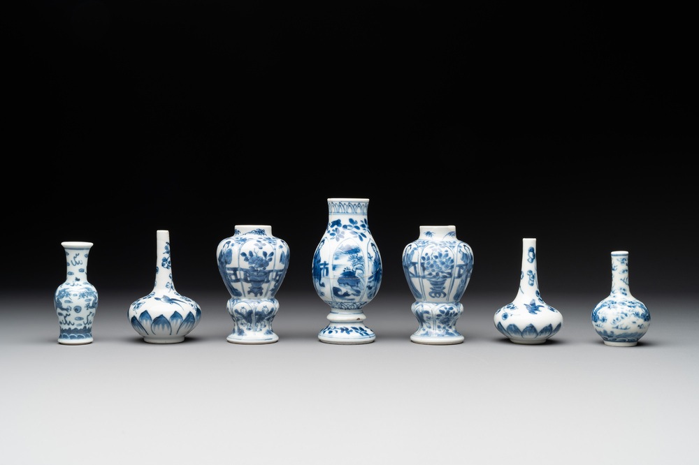 Seven Chinese miniature blue and white vases, Kangxi and later