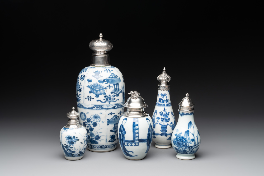 Five Chinese blue and white silver-mounted vases, Kangxi