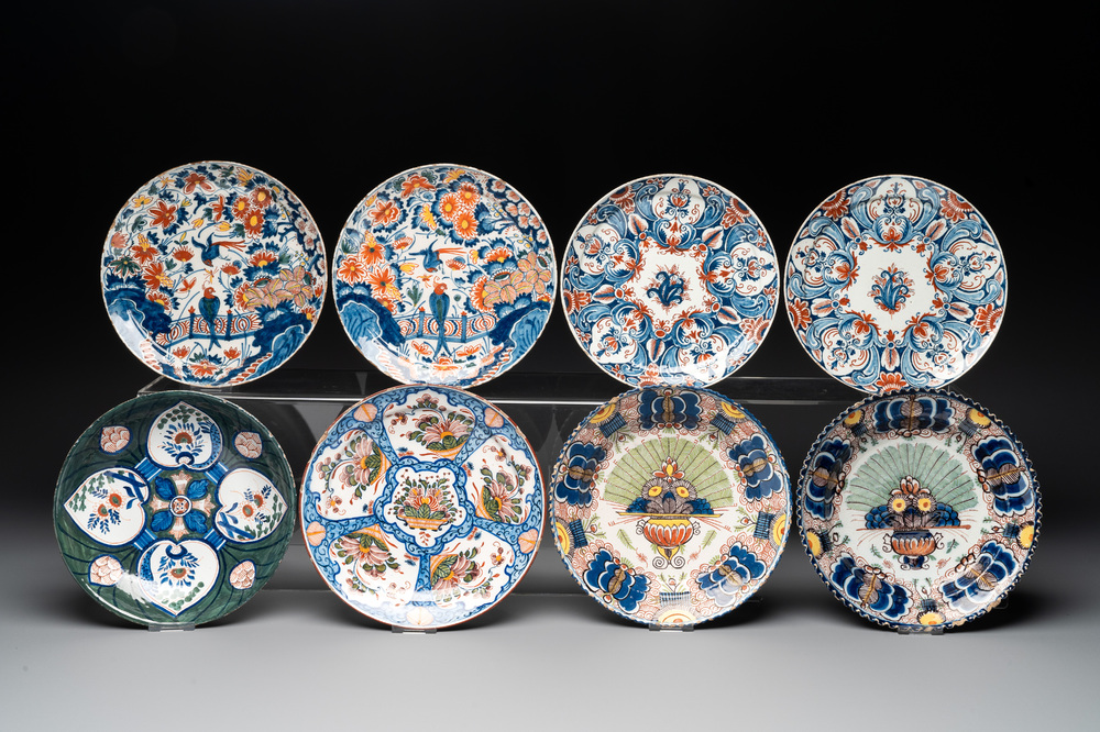 Eight polychrome Dutch Delft plates, 18th C.
