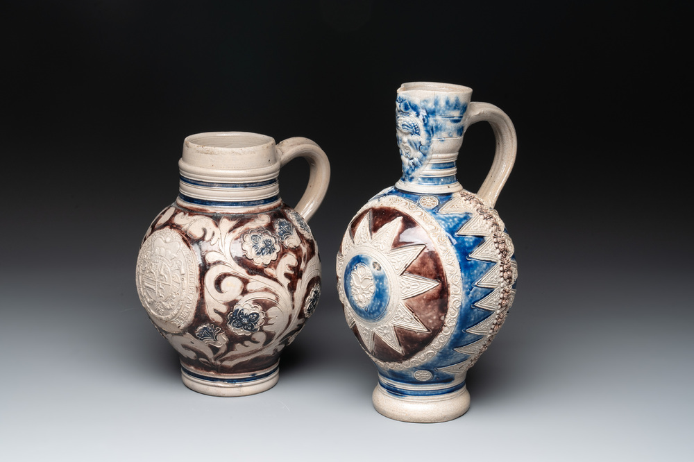 Two Westerwald stoneware jugs, one dated 1715, 18th C.