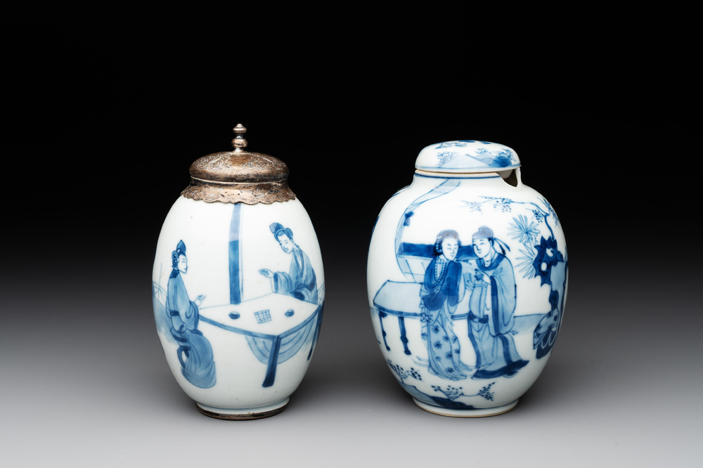 Two Chinese blue and white tea caddies with figural design, one silver mounted, Kangxi