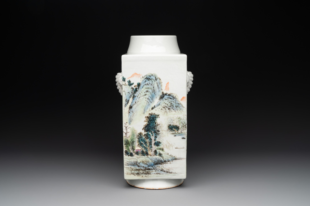 A Chinese qianjiang cai 'landscape' 'cong' vase, Pu Zhu Xuan 圃竹軒 seal mark, 20th C.