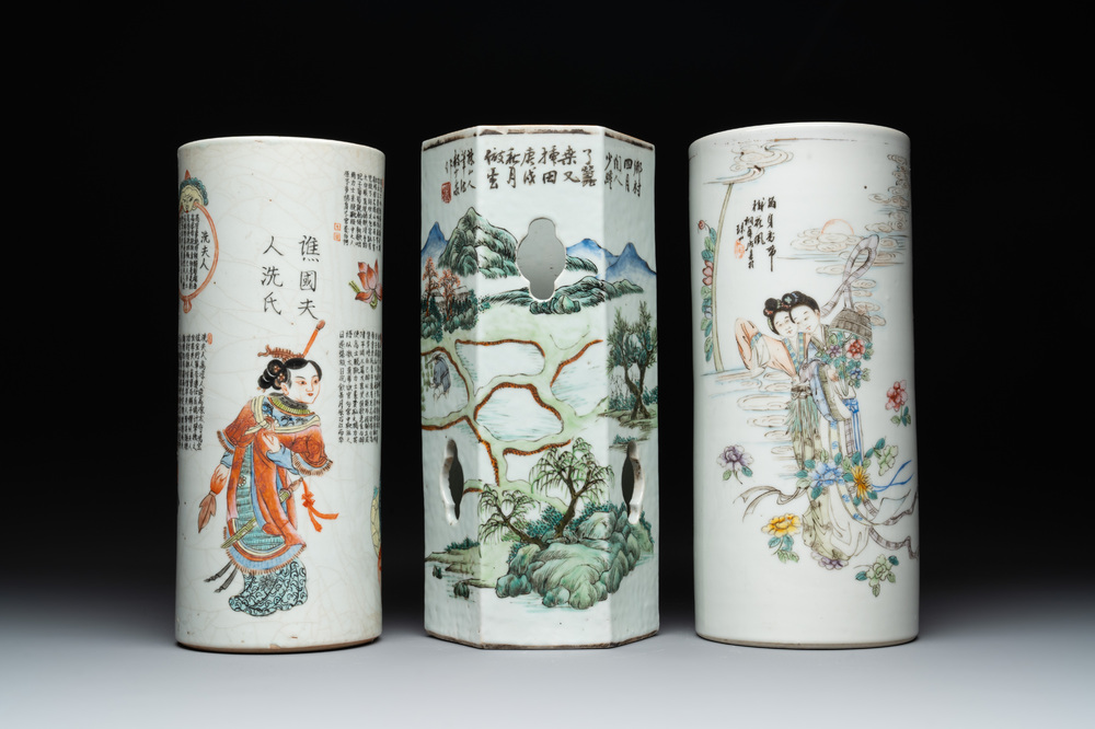 Three Chinese famille rose hat stands with figural design, signed Ao Shaoquan 敖少泉, Shen De Tang 慎德堂 and Tongzhi marks, dated 1910