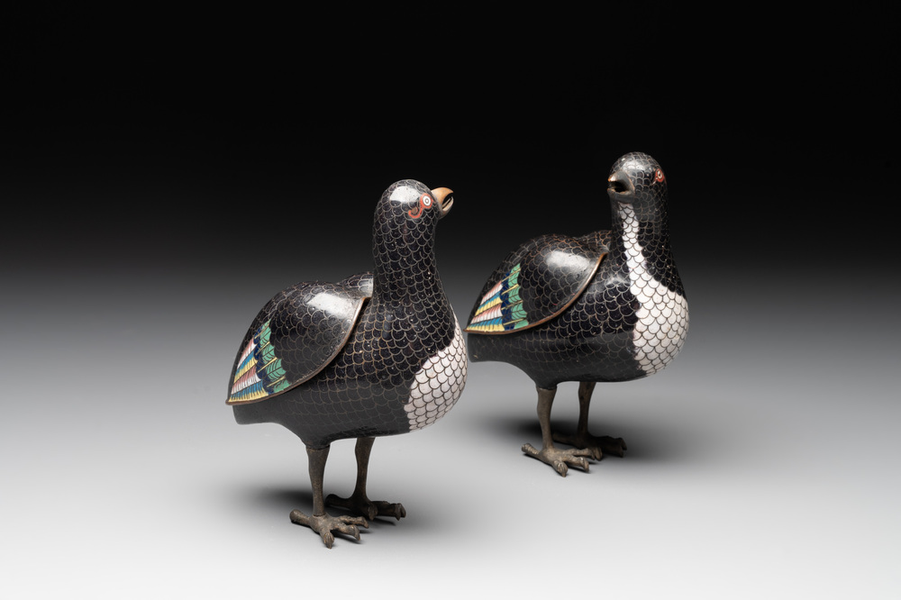 A pair of Chinese cloisonn&eacute; quail-shaped incense burners and covers, 19th C.