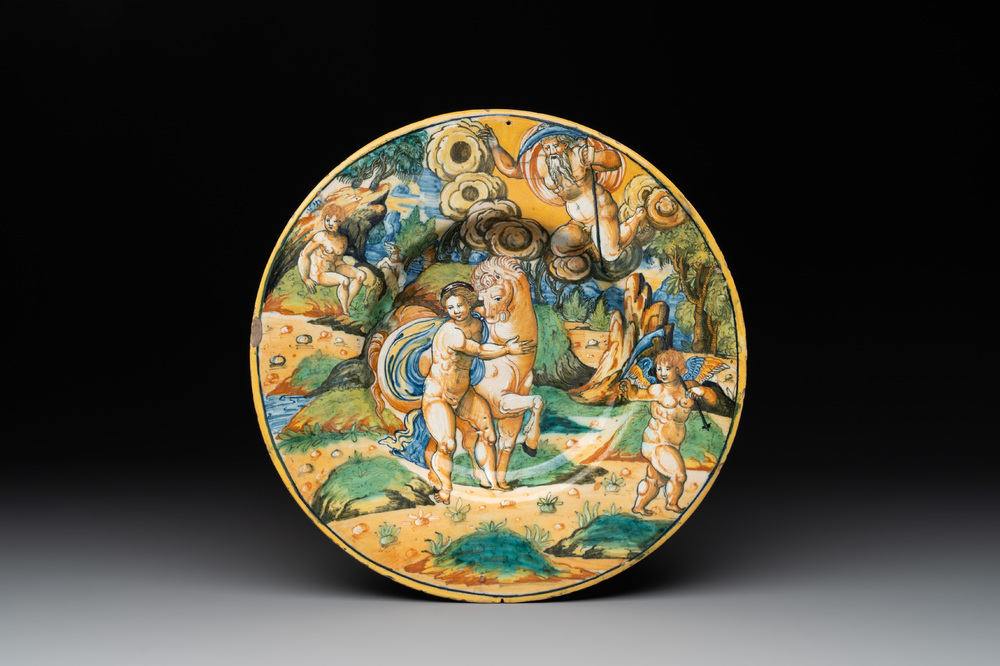 An Italian maiolica 'Saturn and Phylira' istoriato plate, 2nd half 16th C.