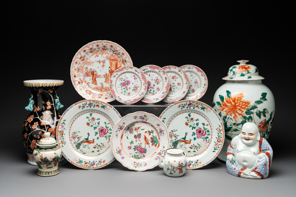 13 Chinese famille rose, verte and iron-red-decorated wares, Kangxi and later