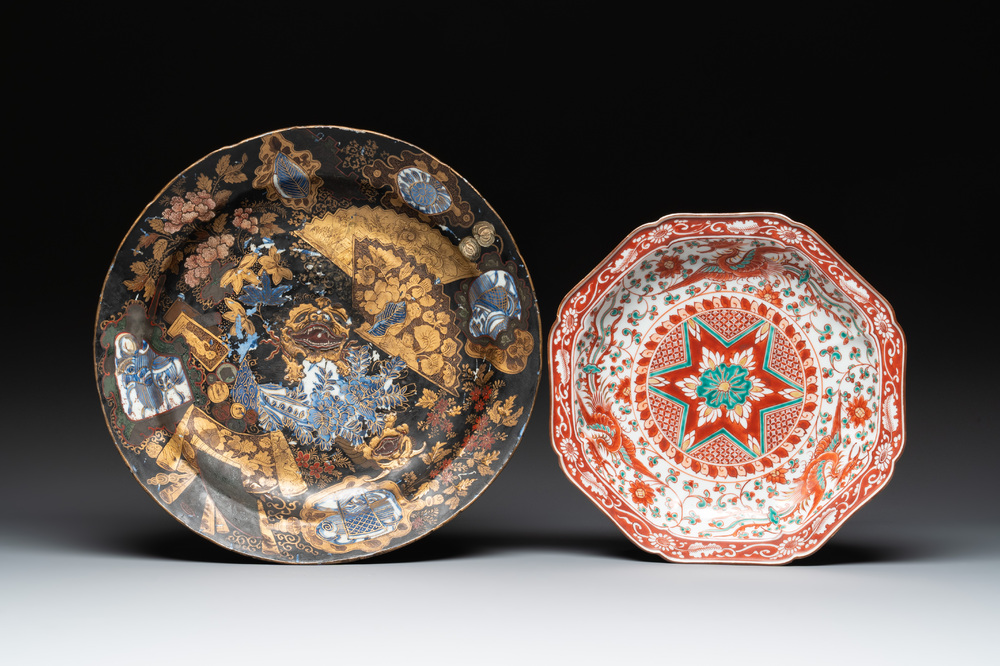 A Japanese-lacquered Chinese blue and white dish and a Japanese Kutani 'phoenix' dish, Wanli/19th C.