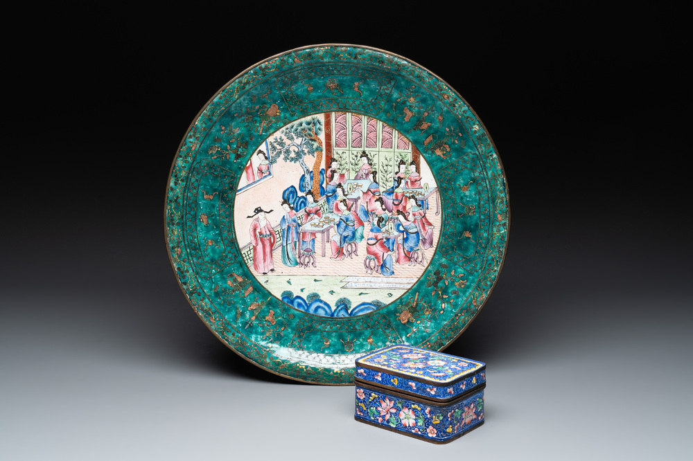 A Chinese Canton enamel dish and a rectangular covered box, 19th C.