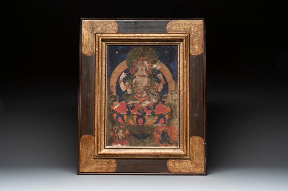 A Tibetan 'Shadaksari Avalokitesvara' thangka, 19th C.