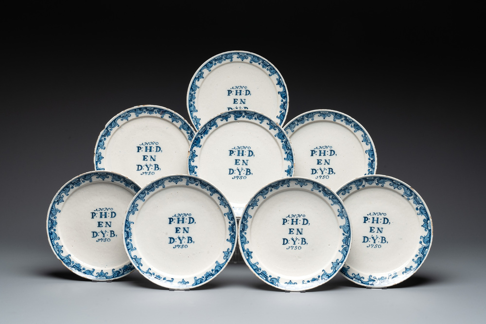 A set of eight blue and white Dutch Delft marriage plates, inscribed 'P:H:D en D:Y:B', dated 1750