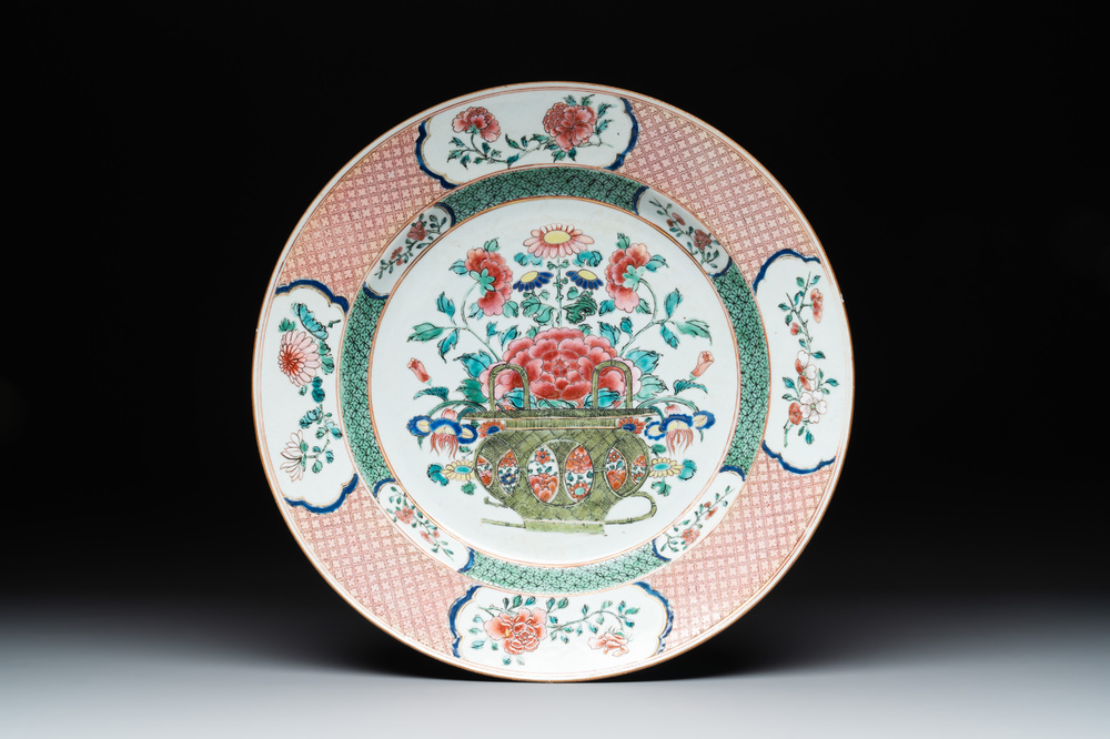 A Chinese famille rose 'flower basket' dish, Yongzheng/Qianlong