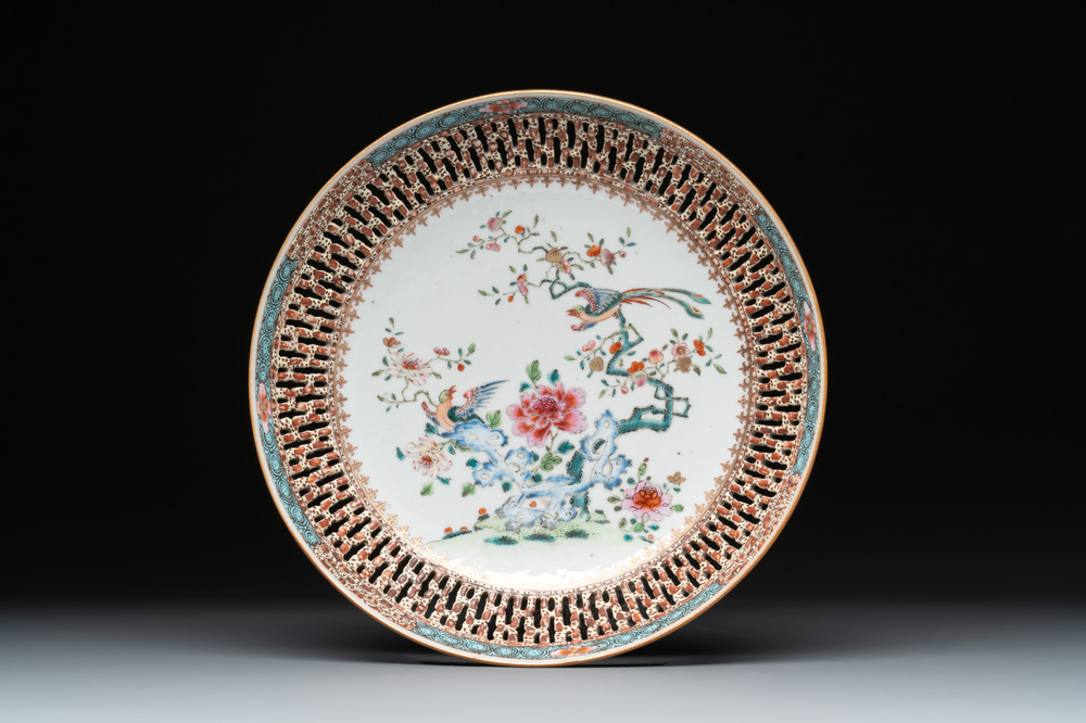A Chinese famille rose reticulated border 'birds among flowering branches' plate, Qianlong