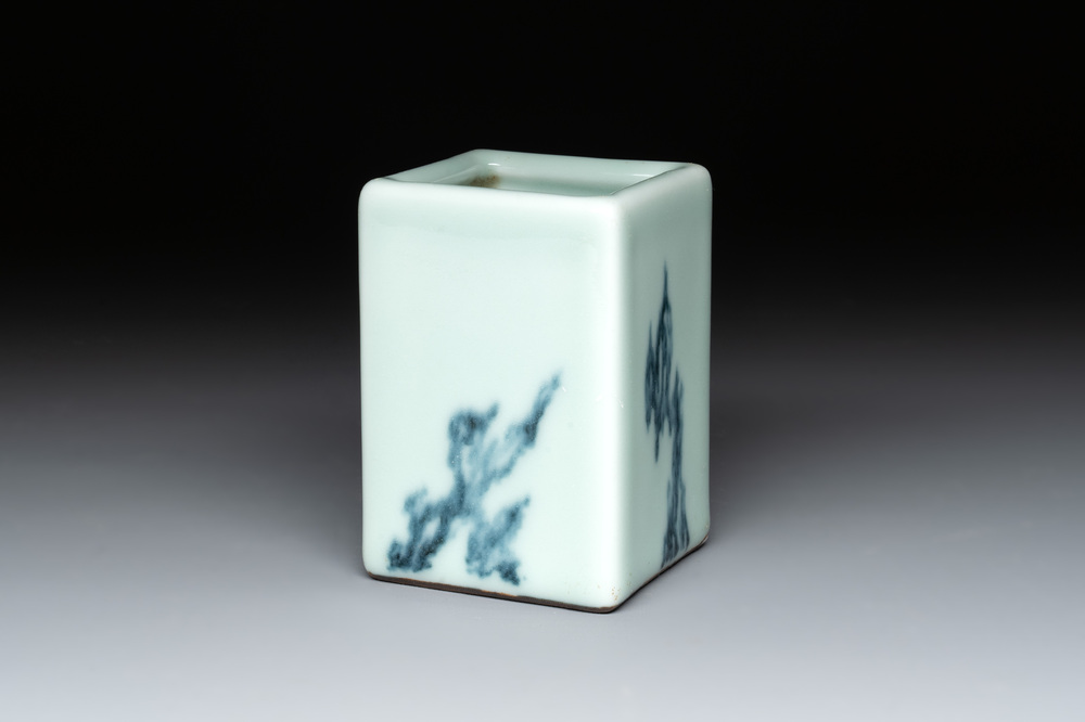 A Chinese blue and white celadon-ground square brush pot, Qianlong mark, 19/20th C.
