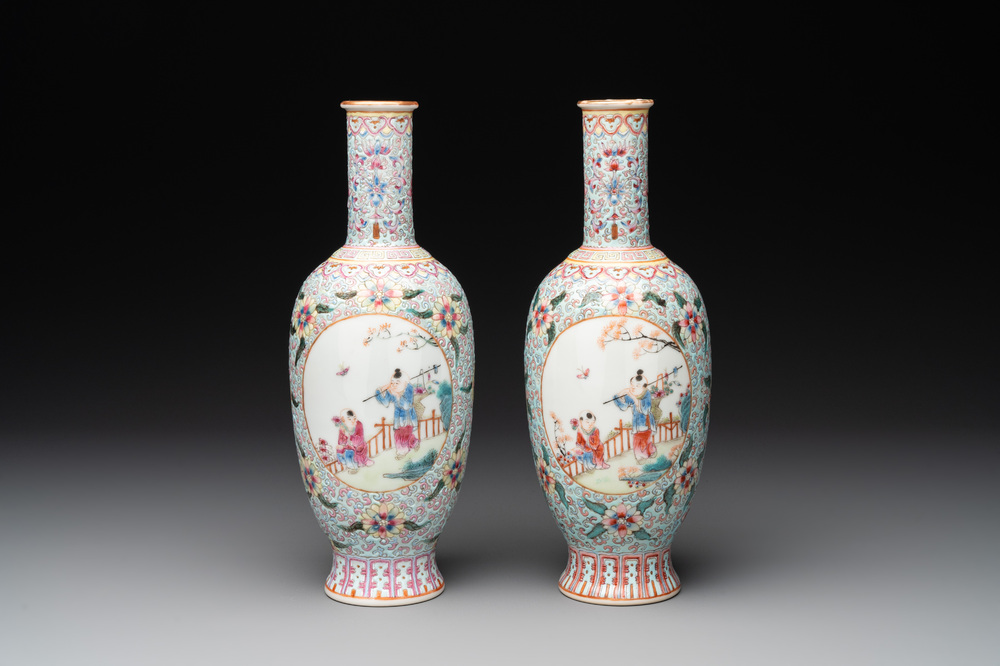 A pair of Chinese famille rose 'boys' vases, Qianlong mark, Republic