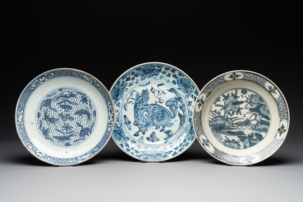 Three Chinese blue and white dishes, Ming
