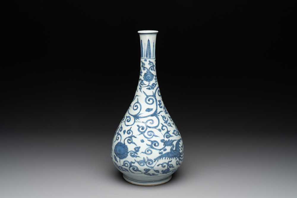 A Chinese blue and white 'phoenix and flower scroll' bottle vase, Ming