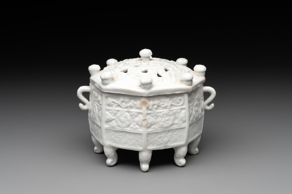 A Chinese Dehua blanc de Chine 'Marco Polo' censer and cover, Kangxi