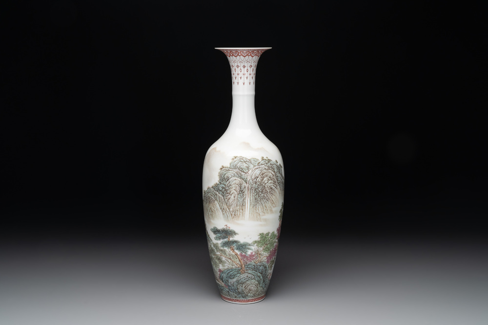 A Chinese famille rose semi-eggshell 'landscape' vase, signed Zhang Zhitang 張志湯, Yitaozhai 亦陶斎 mark, dated 1939