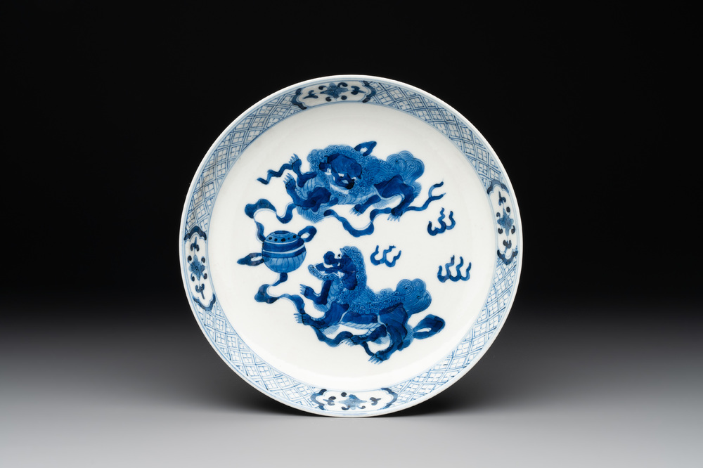 A Chinese blue and white 'Buddhist lion' plate, Guangxu mark and of the period