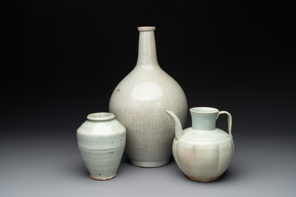 A pale celadon-glazed vase, a jar and a ewer, Asia, 19th C and later
