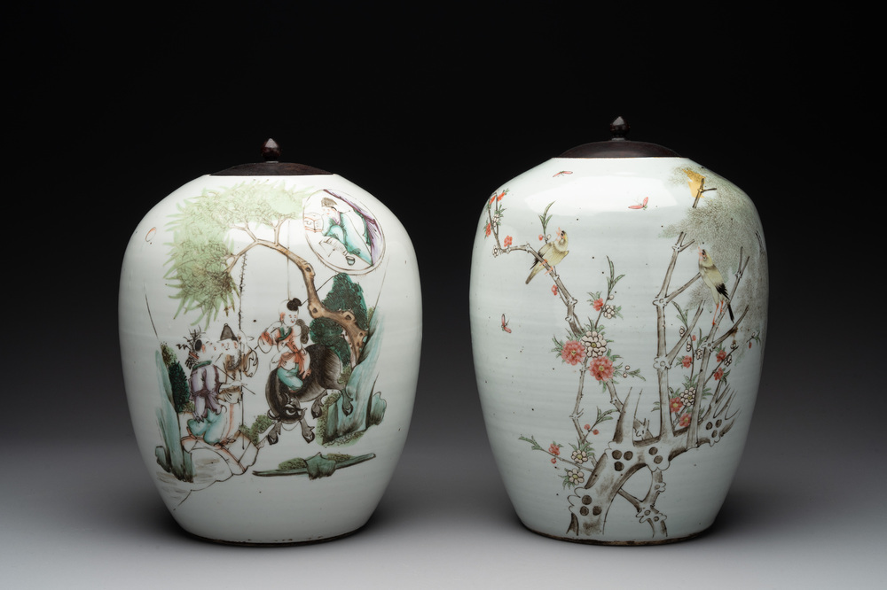 Two Chinese famille rose jars and a brush pot, signed Ju Yi Tai 聚義泰, 'B.E.E. CHINESE RESTAURANT' mark, dated 1924 and 20th C.