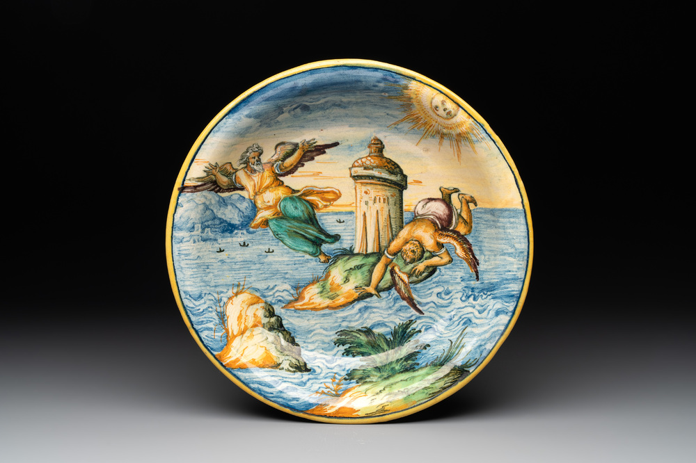 An Italian maiolica 'Icarus and Daedalus' istoriato dish, Urbino, 3rd quarter 16th C.