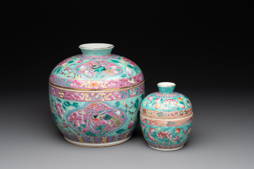 Two Chinese famille rose turquoise-ground 'chupu' bowls and covers for the Straits or Peranakan market, 19th C.