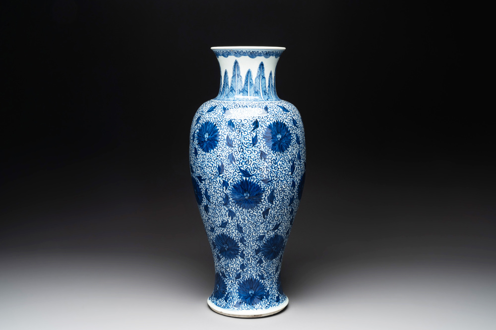 A Chinese blue and white 'chrysanthemum scroll' baluster vase, Kangxi