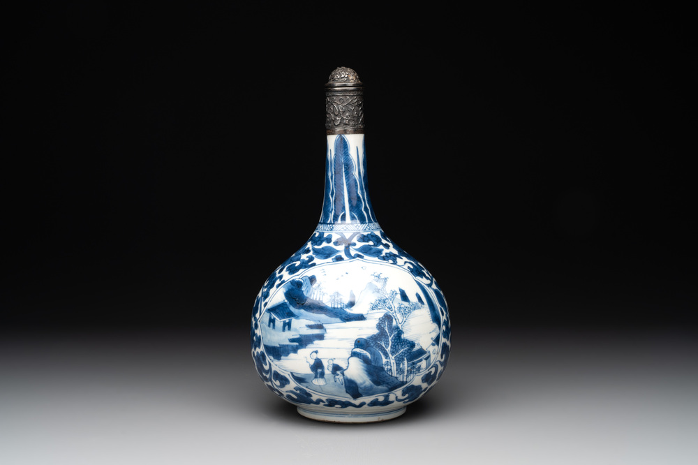 A Chinese blue and white silver-mounted 'landscape' bottle vase, Kangxi